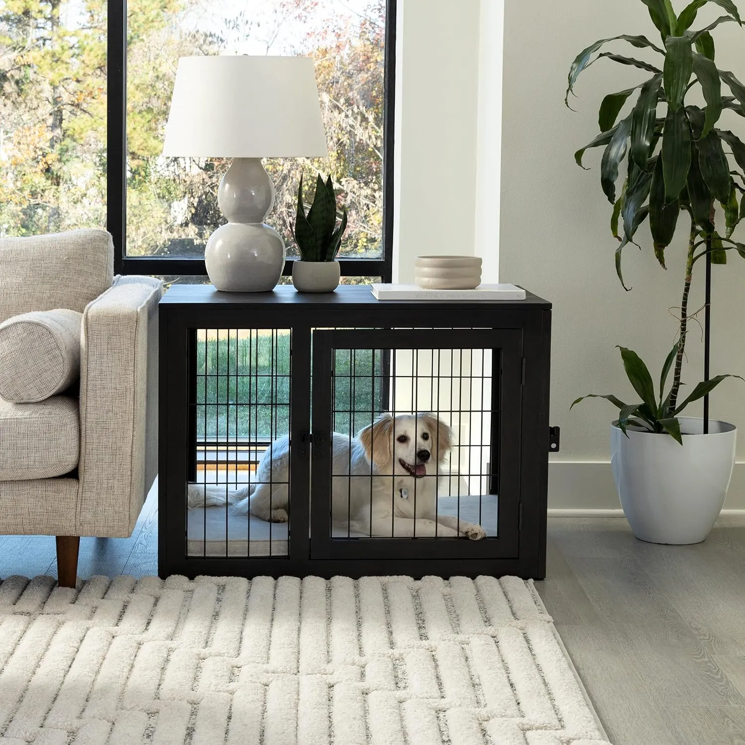 Furniture-Style Dog Crate - Acacia Wood Kennel for Medium Dogs with Double Doors and Cushion - Dog Cage Furniture by PETMAKER (Black)