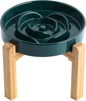 Green Elevated/Raised Dog Bowl Ceramic Slow Feeder with Wood Stand for Small Medium Large Dogs, 8.66 in Dog Dish to Slow Down Eating,Modern Heavy Slow Puppy Bowl for Fast Eaters
