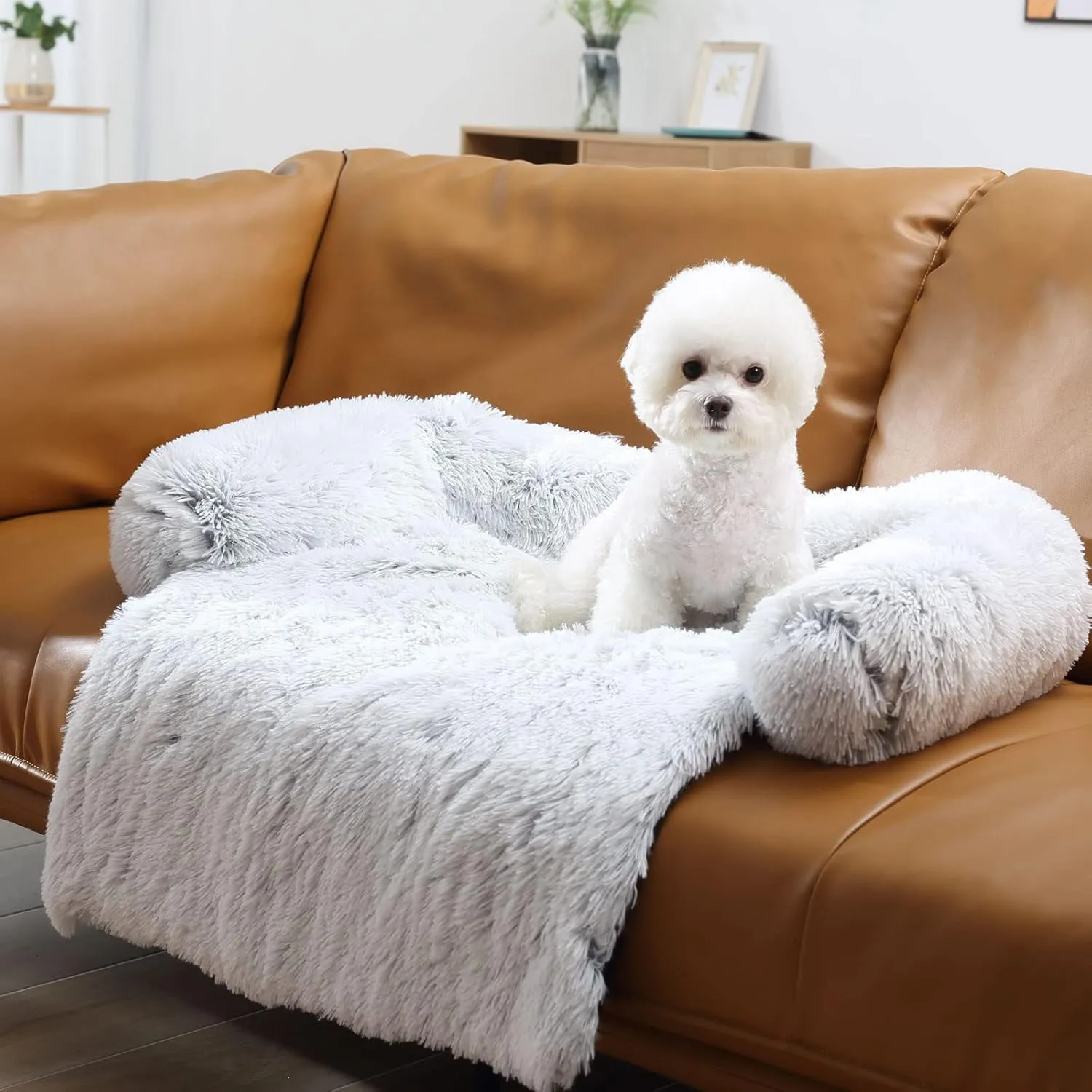 HACHIKITTY Calming Pet Sofa Bed Mat, Washable Plush Couch Cover for Dogs & Cats, Furniture Protector with Anti-Slip Bottom (30"x 27"x 6", Gray)