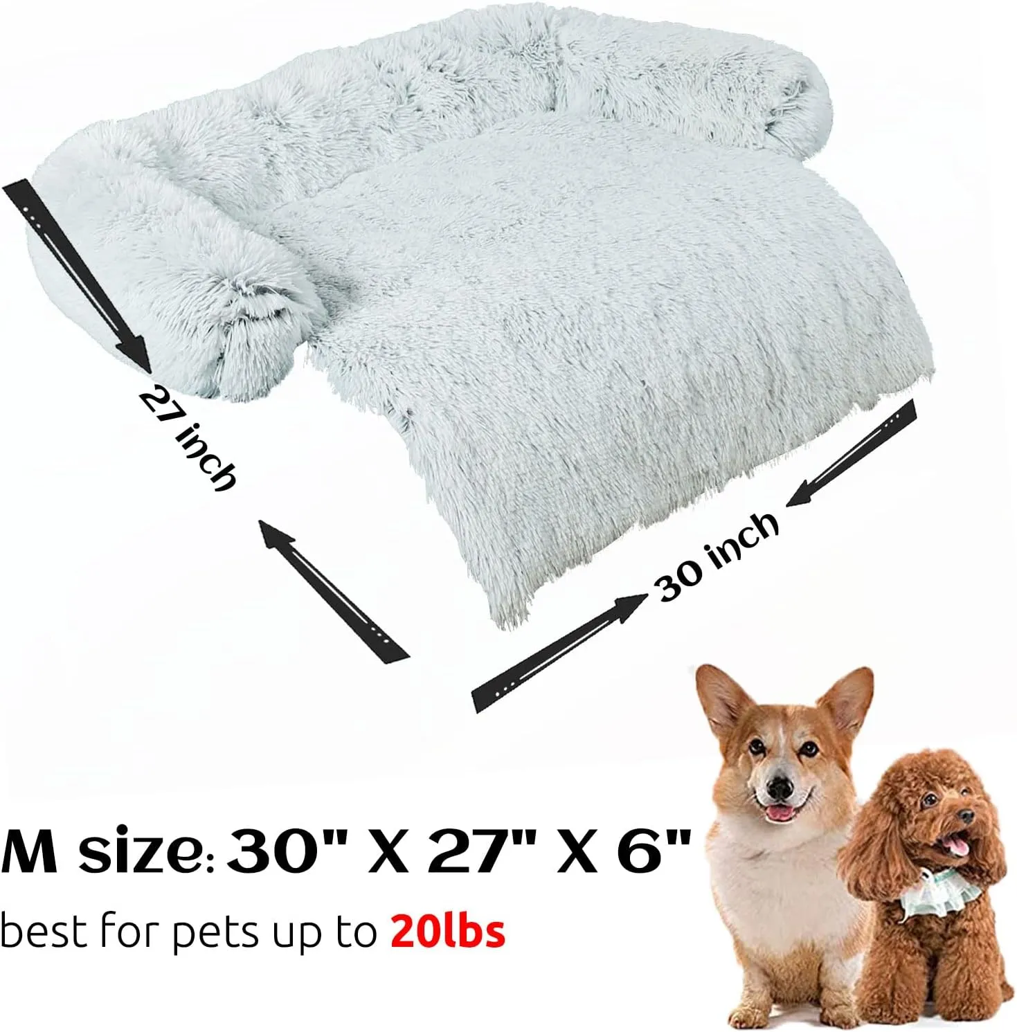HACHIKITTY Calming Pet Sofa Bed Mat, Washable Plush Couch Cover for Dogs & Cats, Furniture Protector with Anti-Slip Bottom (30"x 27"x 6", Gray)