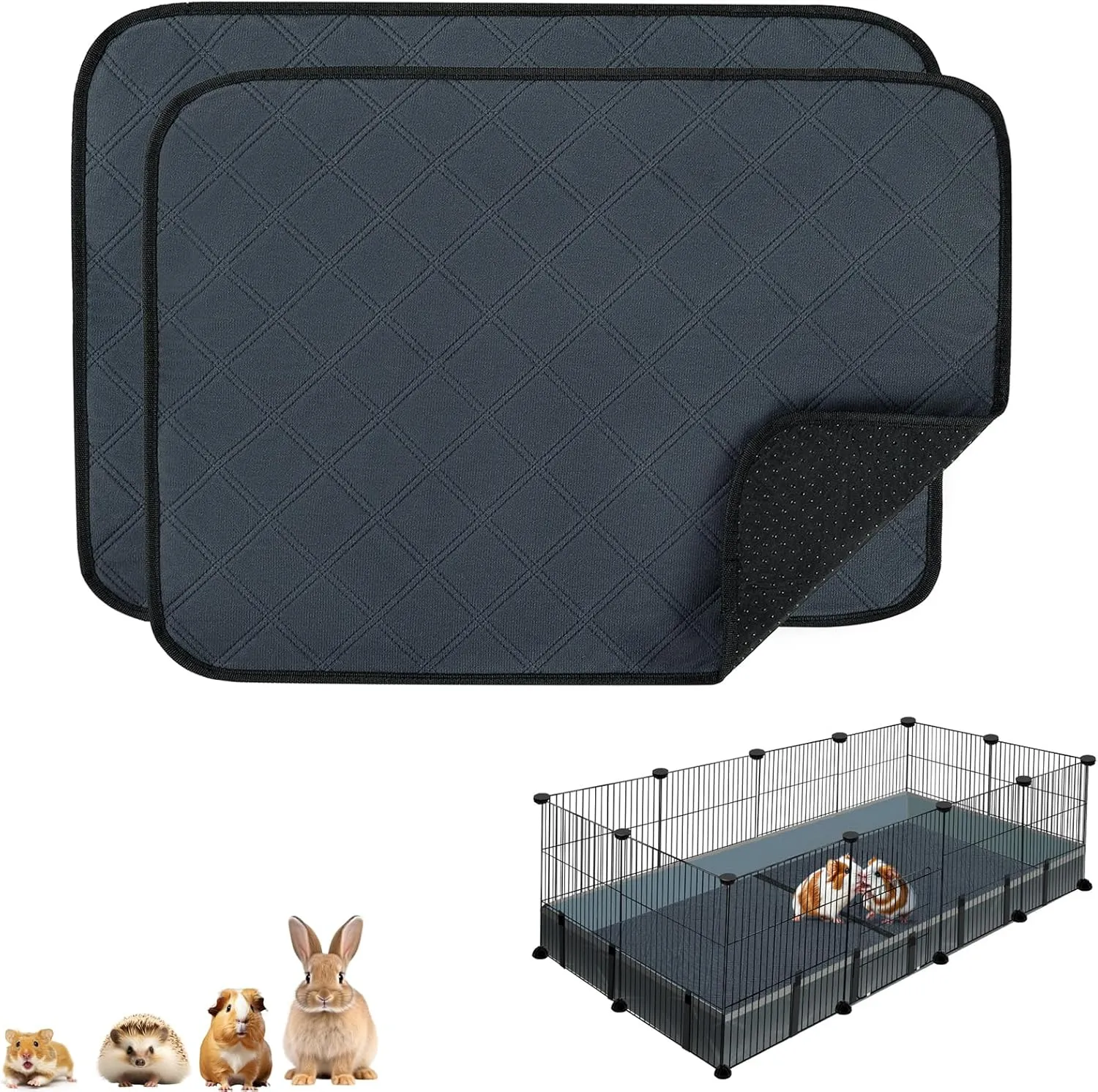 HERCOCCI Guinea Pig Cage Liners, Washable Guinea Pig Bedding Super Absorbent Guinea Pig Pee Pads Anti Slip Mat for Rabbit Hamster Rat Chinchilla (2 Pack - 19.6 x 13.7)