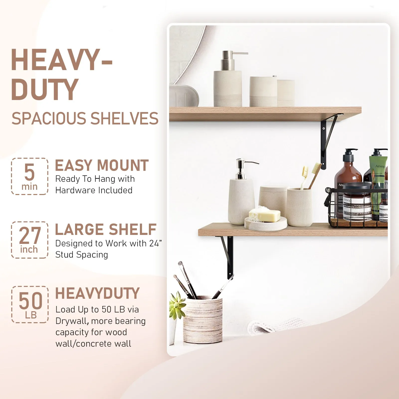 KABOON Floating Shelves for Wall, Set of 2--Oak