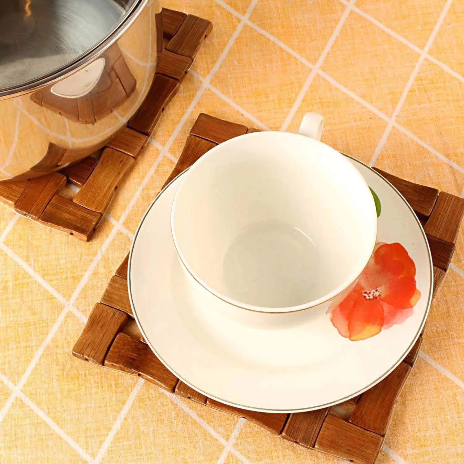 Kuber Industries 2 Pieces Bamboo Tea Coaster Set (Wooden)-CTKTC14500