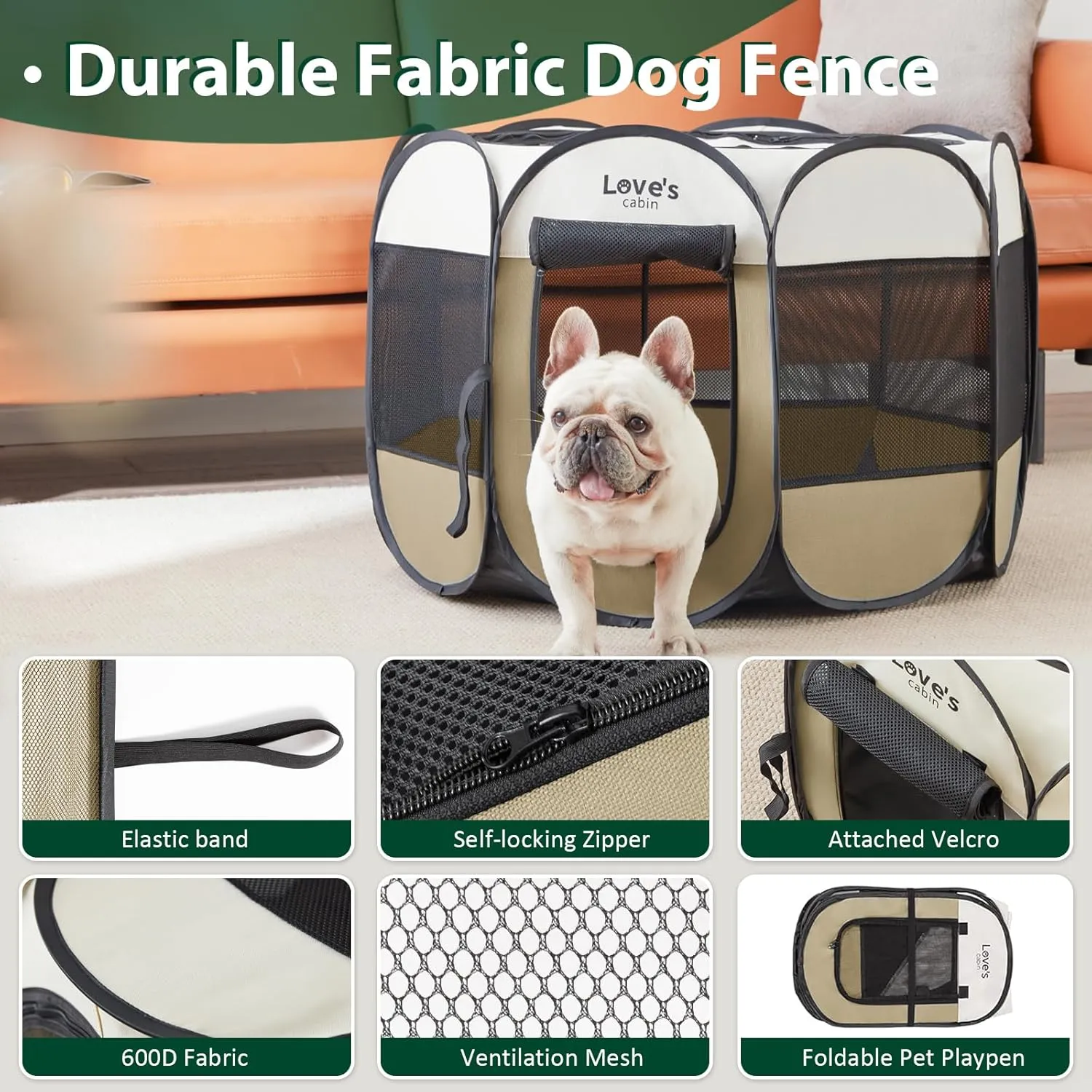 Love's cabin Pet Puppy Dog Playpen, Small Dog Tent Crates Cage Indoor/Outdoor, Portable Playpen for Cat, Foldable Pop Up Dog Kennel Playpen with Carring Case, Removable Zipper Top, Khaki