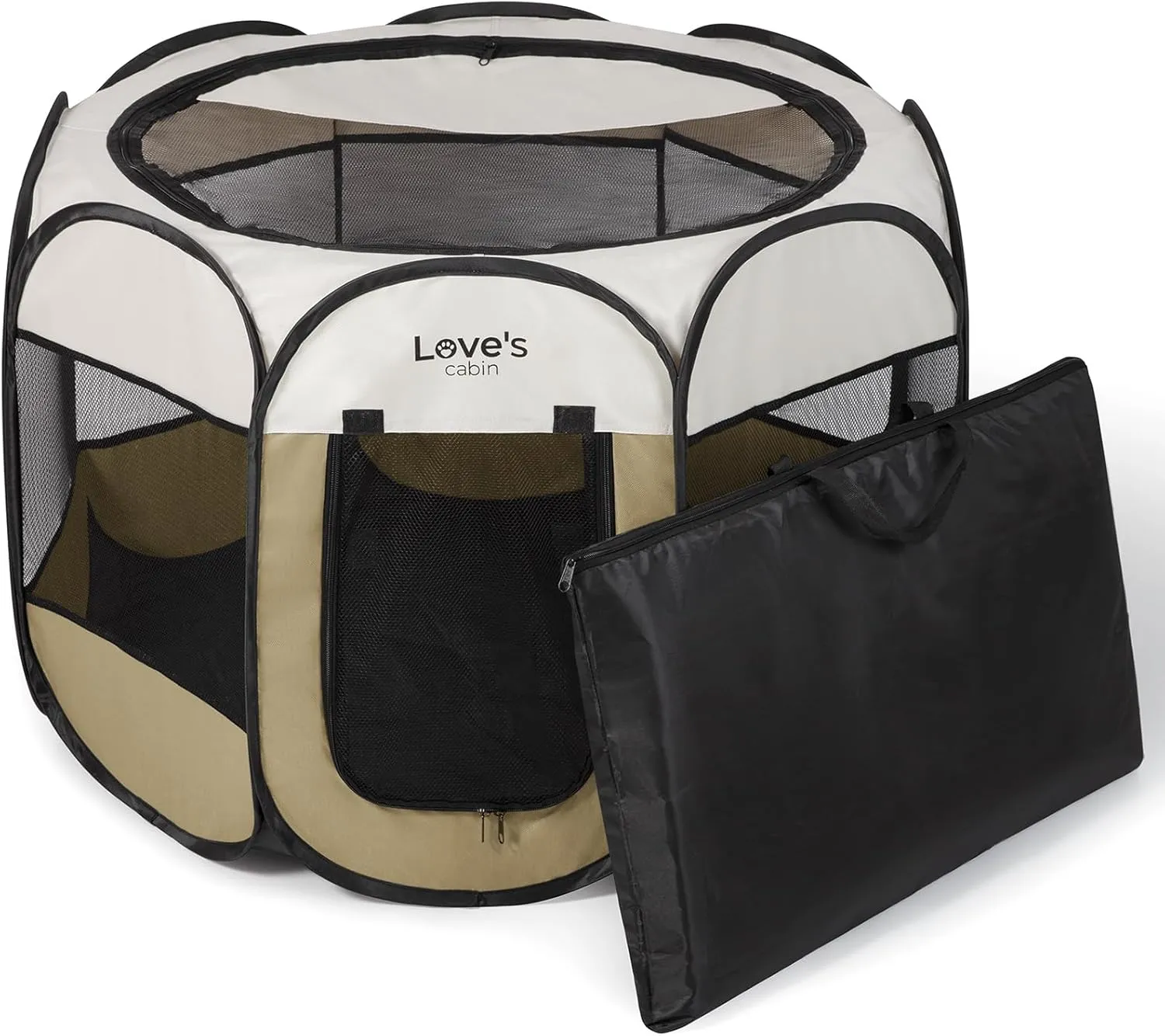 Love's cabin Pet Puppy Dog Playpen, Small Dog Tent Crates Cage Indoor/Outdoor, Portable Playpen for Cat, Foldable Pop Up Dog Kennel Playpen with Carring Case, Removable Zipper Top, Khaki