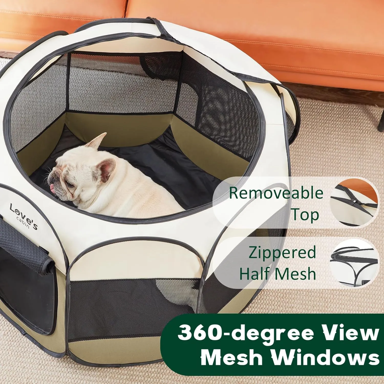Love's cabin Pet Puppy Dog Playpen, Small Dog Tent Crates Cage Indoor/Outdoor, Portable Playpen for Cat, Foldable Pop Up Dog Kennel Playpen with Carring Case, Removable Zipper Top, Khaki