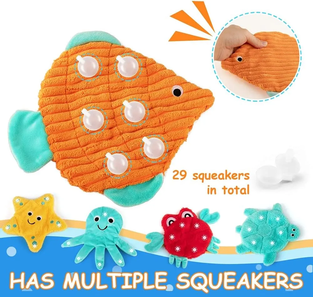 No Stuffing Crinkle Squeaky Plush Dog Toys - Cute Animal Themed for Small to Large Dogs & Puppies - Bulk 5 Pack