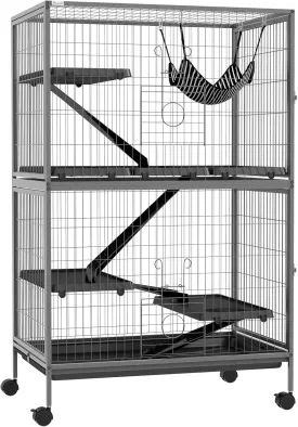PawHut 50" 5-Tier Small Animal Cage, Ferret Cage, Large Chinchilla Cage with Hammock Accessory & Heavy-Duty Steel Wire, Small Animal Habitat with 6 Doors, Removable Tray, Silver
