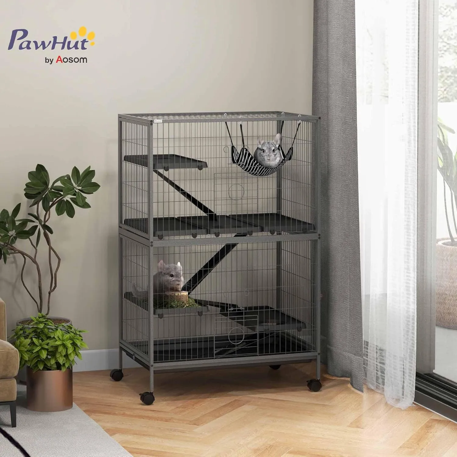 PawHut 50" 5-Tier Small Animal Cage, Ferret Cage, Large Chinchilla Cage with Hammock Accessory & Heavy-Duty Steel Wire, Small Animal Habitat with 6 Doors, Removable Tray, Silver