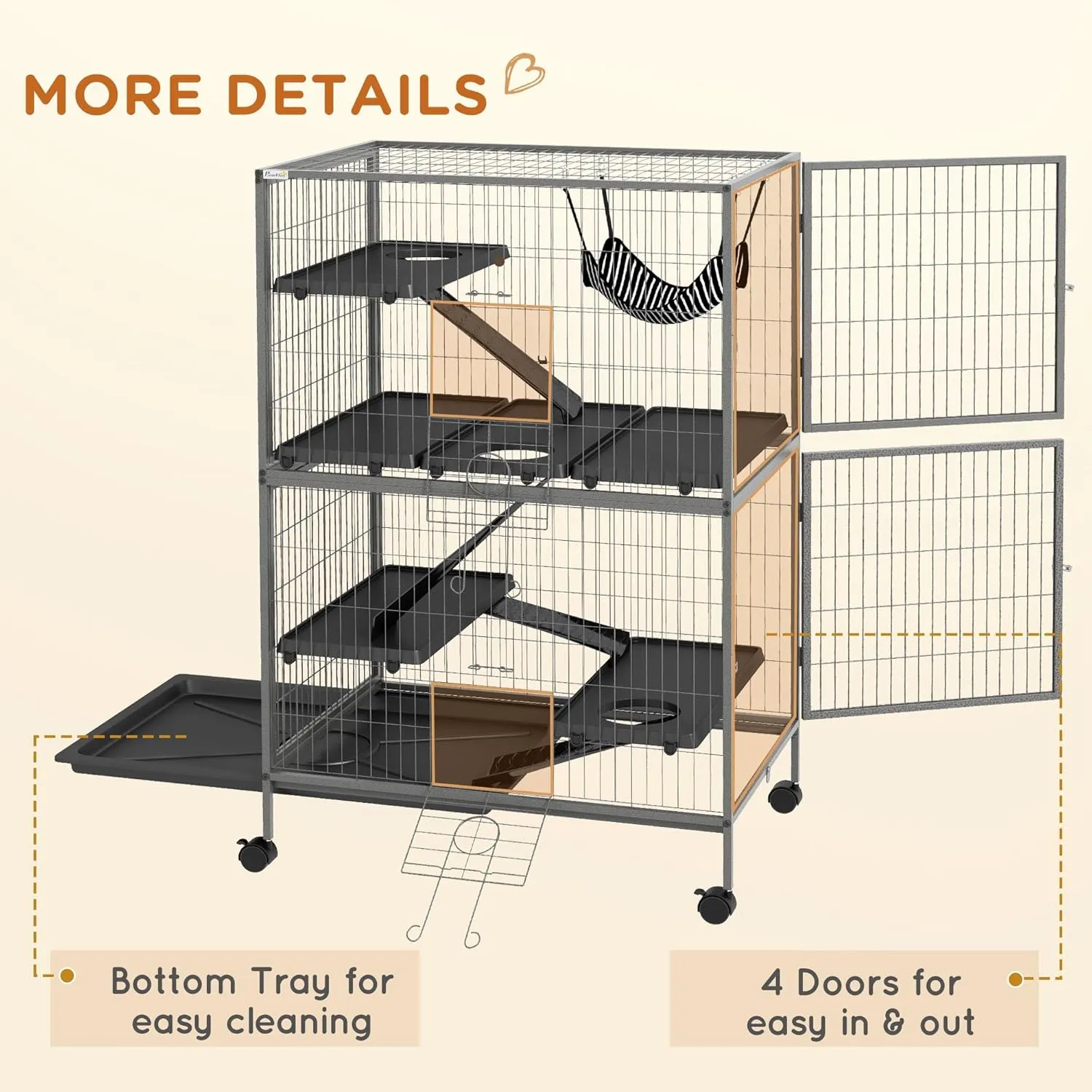 PawHut 50" 5-Tier Small Animal Cage, Ferret Cage, Large Chinchilla Cage with Hammock Accessory & Heavy-Duty Steel Wire, Small Animal Habitat with 6 Doors, Removable Tray, Silver