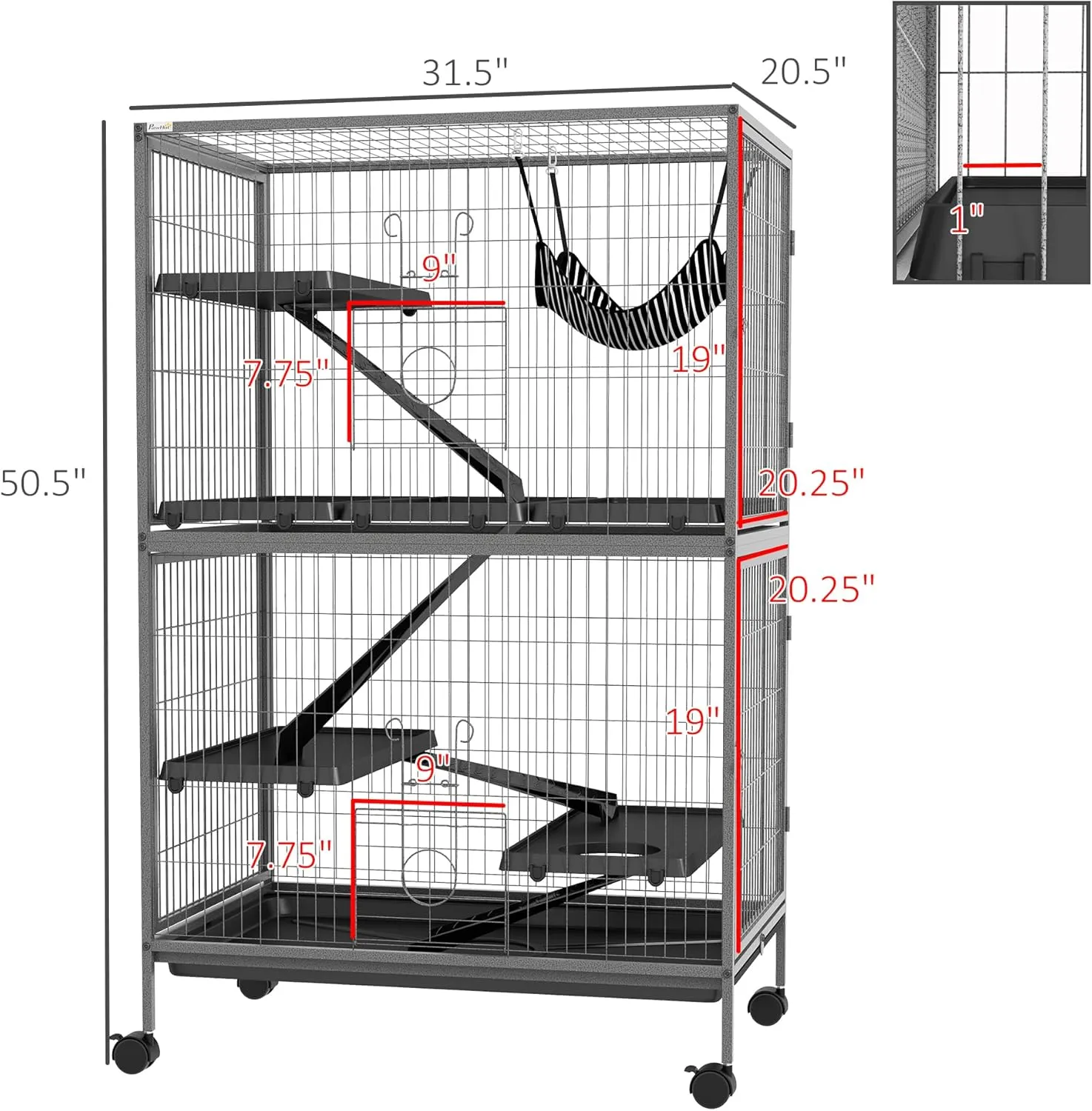 PawHut 50" 5-Tier Small Animal Cage, Ferret Cage, Large Chinchilla Cage with Hammock Accessory & Heavy-Duty Steel Wire, Small Animal Habitat with 6 Doors, Removable Tray, Silver