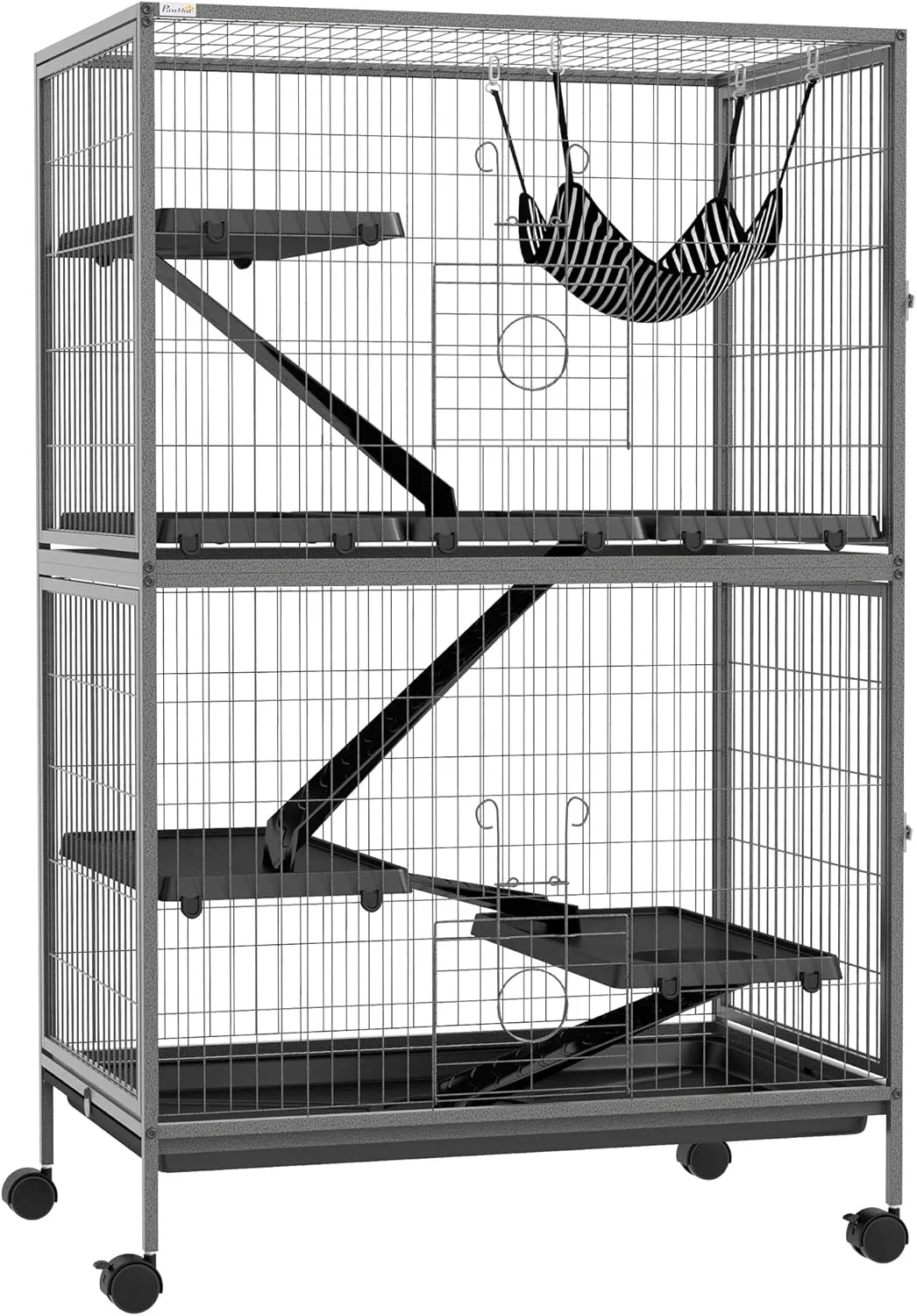 PawHut 50" 5-Tier Small Animal Cage, Ferret Cage, Large Chinchilla Cage with Hammock Accessory & Heavy-Duty Steel Wire, Small Animal Habitat with 6 Doors, Removable Tray, Silver