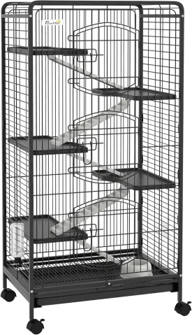 PawHut 6 Tier Small Animal Cage for Dwarf Rabbits, Pet Minks, and Chinchillas with Removable Tray, Ramp, Water Bottle, Food Dish 52 Inch - Black