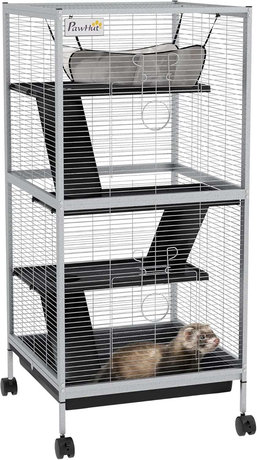 PawHut Metal Small Animal Cage Rolling Big for Ferret, Chinchilla, Sugar Glider, With Hammock & 4 Tiers, Removable Tray, White