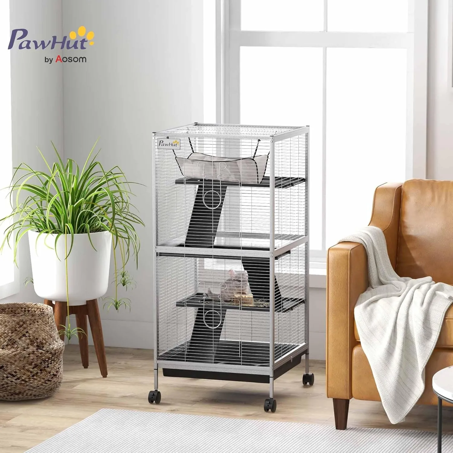 PawHut Metal Small Animal Cage Rolling Big for Ferret, Chinchilla, Sugar Glider, With Hammock & 4 Tiers, Removable Tray, White