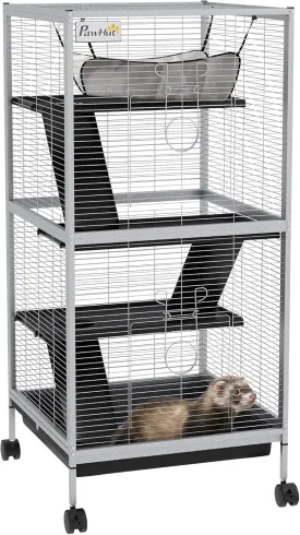 PawHut Metal Small Animal Cage Rolling Big for Ferret, Chinchilla, Sugar Glider, With Hammock & 4 Tiers, Removable Tray, White