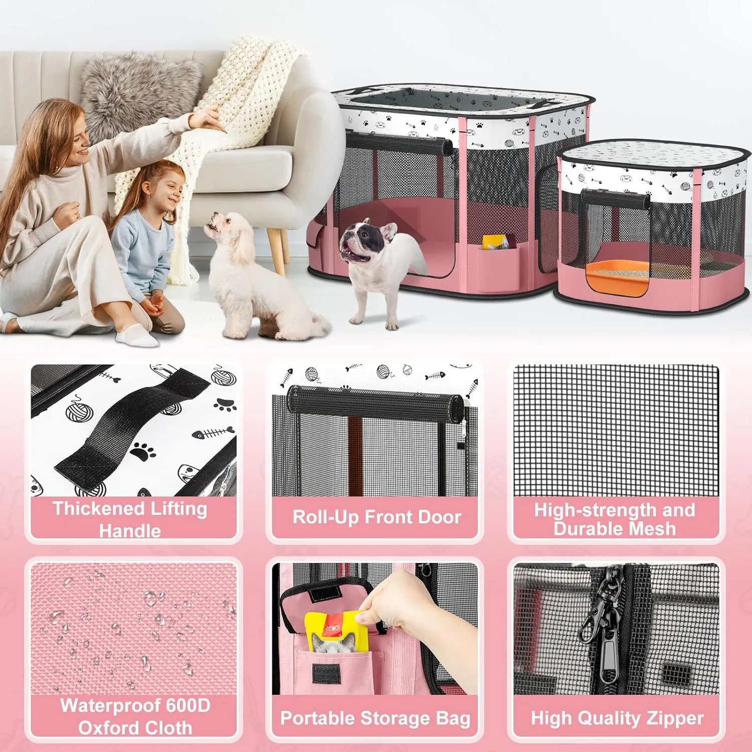 Portable Cat Playpen with litter box area, Foldable Pet Dog Playpen, for Kitten Puppy Play Pen Indoor/Outdoor, Cats Enclosure Cages Tent with Carrying Case, 600D Oxford 8-Rods, 32"x24"x22", Pink