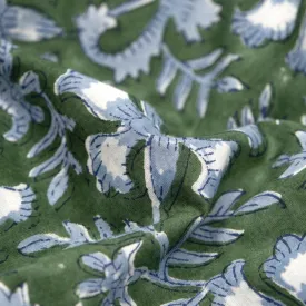 Remnant - 1.1m - Vine Block Printed Organic Cotton Batiste - Dill/Bluestone/White