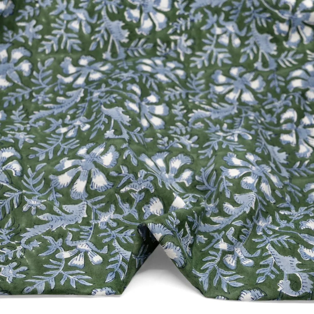 Remnant - 1.1m - Vine Block Printed Organic Cotton Batiste - Dill/Bluestone/White