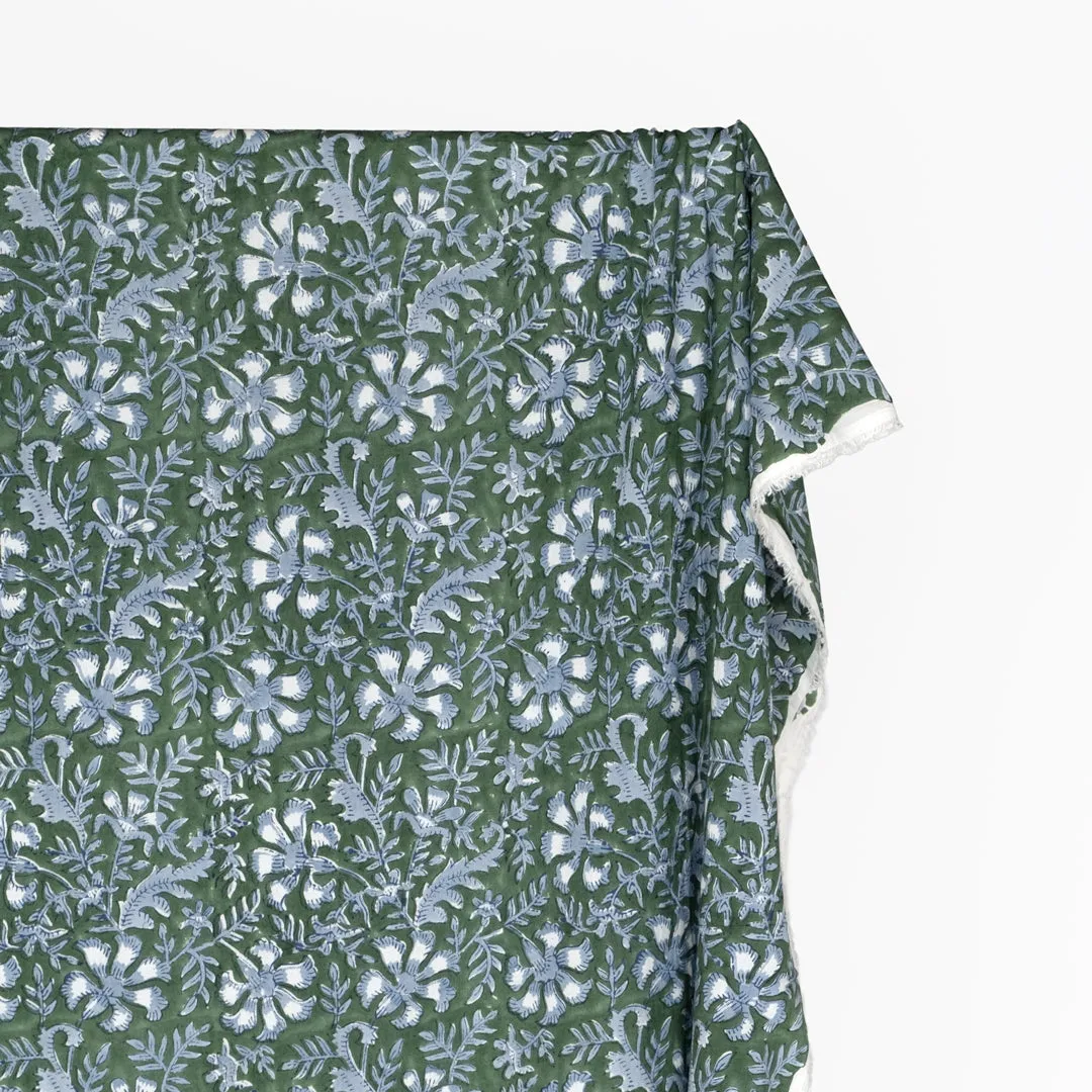 Remnant - 1.1m - Vine Block Printed Organic Cotton Batiste - Dill/Bluestone/White