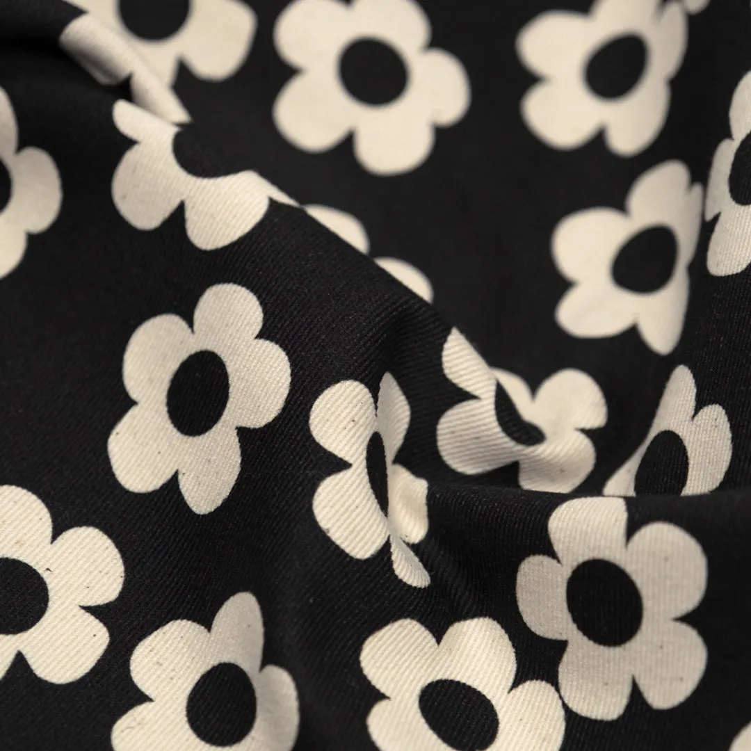 Remnant - 1.4m - Buttercup Printed Cotton Twill - Black *FLAWED*
