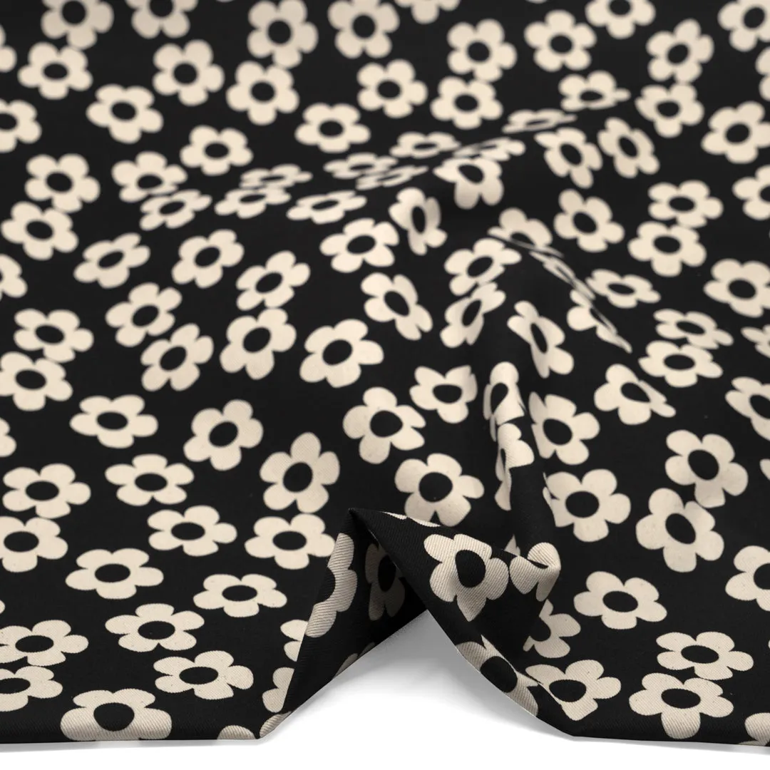 Remnant - 1.4m - Buttercup Printed Cotton Twill - Black *FLAWED*