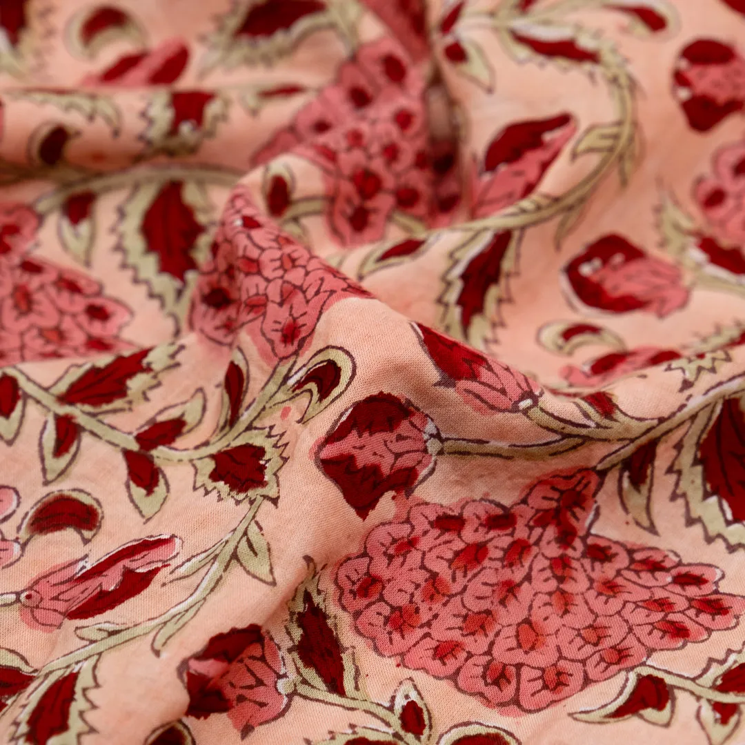 Remnant - 2.2m - Vine Block Printed Organic Cotton Batiste - Flamingo/Taffy/Crimson