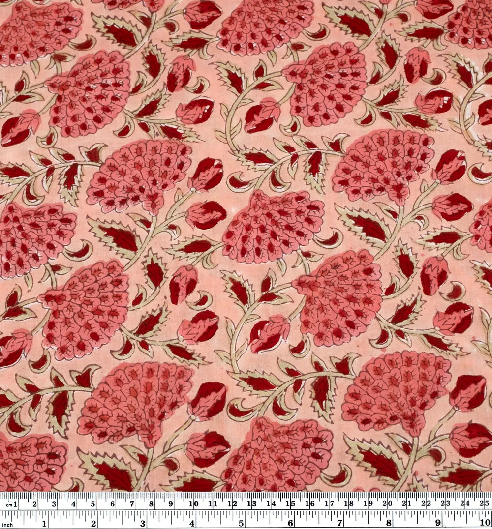Remnant - 2.2m - Vine Block Printed Organic Cotton Batiste - Flamingo/Taffy/Crimson