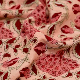 Remnant - 2.2m - Vine Block Printed Organic Cotton Batiste - Flamingo/Taffy/Crimson