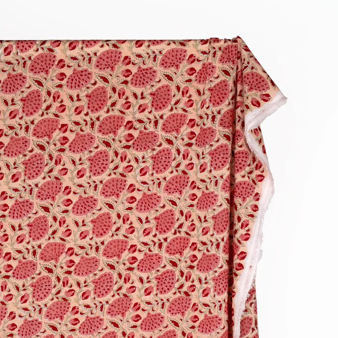 Remnant - 2.2m - Vine Block Printed Organic Cotton Batiste - Flamingo/Taffy/Crimson