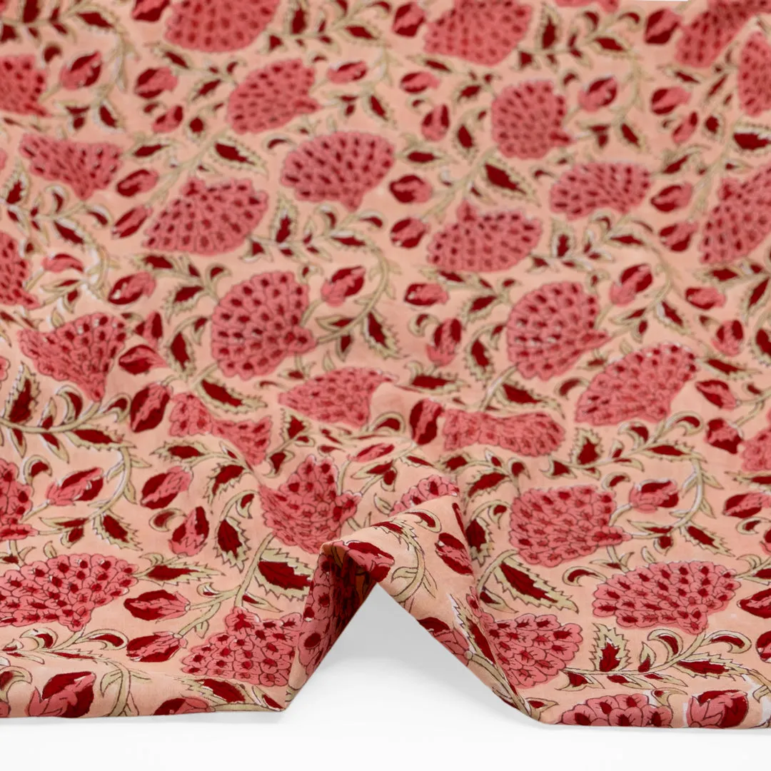 Remnant - 2.2m - Vine Block Printed Organic Cotton Batiste - Flamingo/Taffy/Crimson