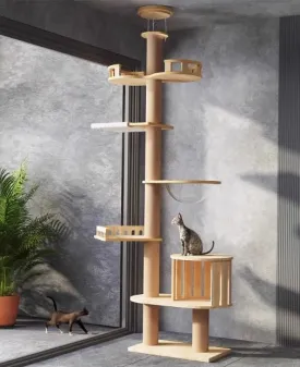 Solid Wood & Engineered Panel Floor to Ceiling Cat Tree, 5-Tier 112.2"-122" Adjustable Tall Cat Tree with House and 4.72in Natural Sisal Columns, Reinforced Base & Minimal Vibration Cat Tower
