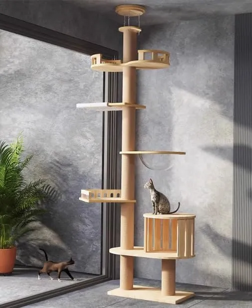 Solid Wood & Engineered Panel Floor to Ceiling Cat Tree, 5-Tier 112.2"-122" Adjustable Tall Cat Tree with House and 4.72in Natural Sisal Columns, Reinforced Base & Minimal Vibration Cat Tower