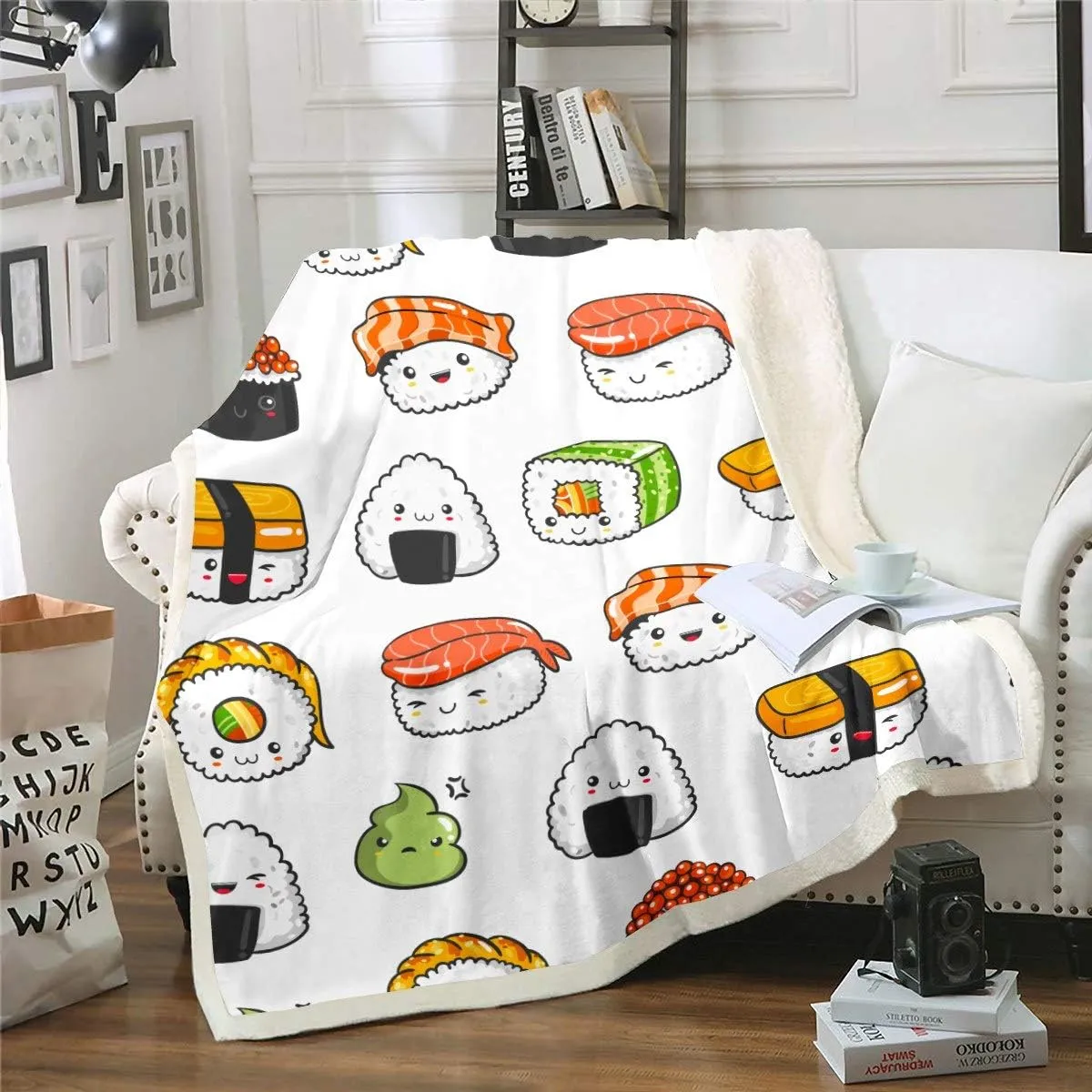 Sushi Pattern Blanket Japanese-Style Fleece Blanket for Bed Couch Sofa Kids Kawaii Food Theme Throw Blanket Cute Japanese Sushi Plush Sherpa Throw Blanket Room Decor Air Conditioning Throw 50"x60"