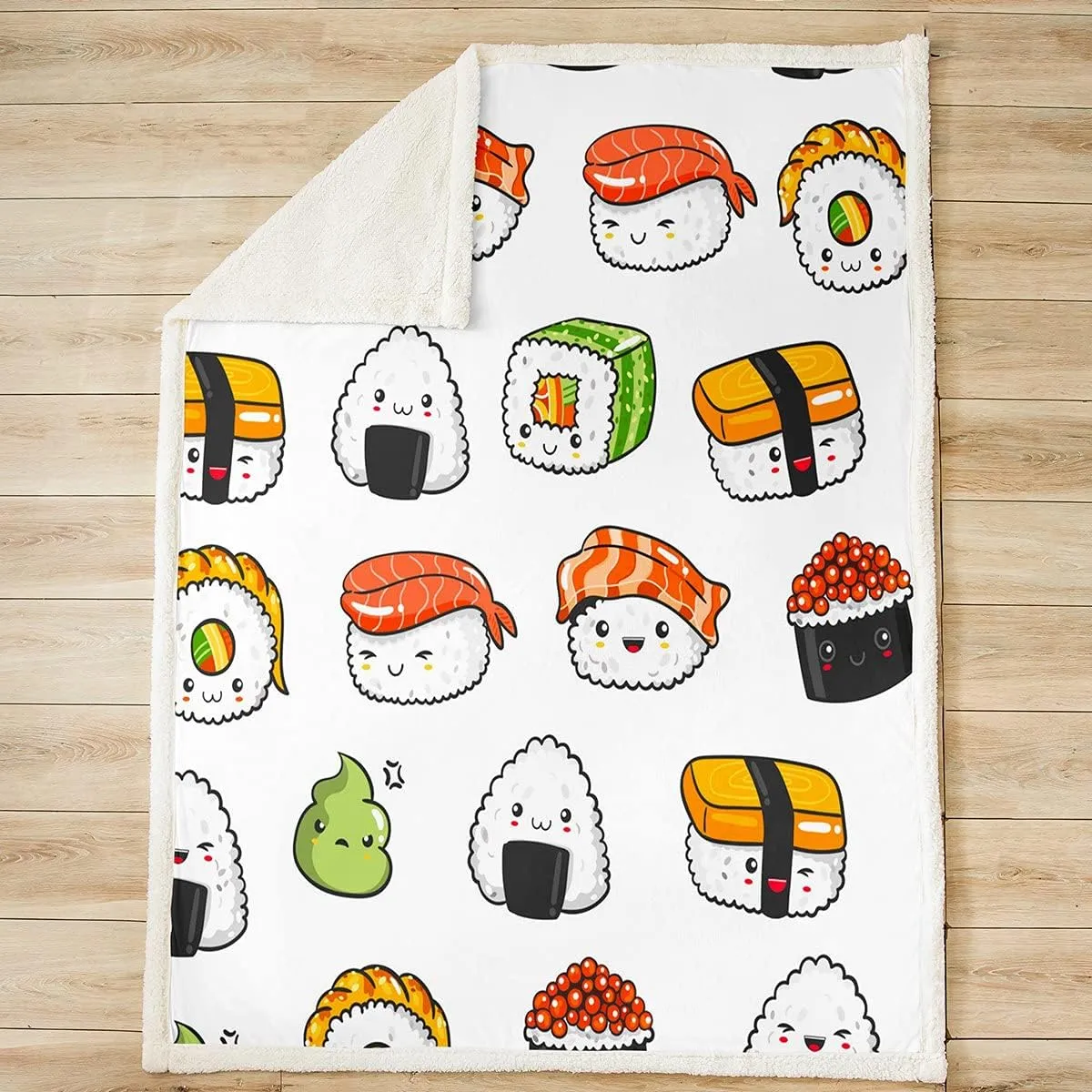 Sushi Pattern Blanket Japanese-Style Fleece Blanket for Bed Couch Sofa Kids Kawaii Food Theme Throw Blanket Cute Japanese Sushi Plush Sherpa Throw Blanket Room Decor Air Conditioning Throw 50"x60"