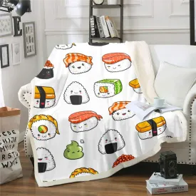 Sushi Pattern Blanket Japanese-Style Fleece Blanket for Bed Couch Sofa Kids Kawaii Food Theme Throw Blanket Cute Japanese Sushi Plush Sherpa Throw Blanket Room Decor Air Conditioning Throw 50"x60"