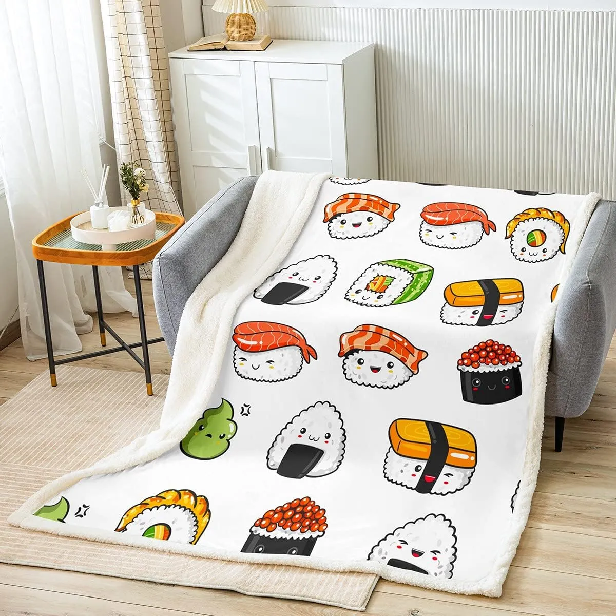 Sushi Pattern Blanket Japanese-Style Fleece Blanket for Bed Couch Sofa Kids Kawaii Food Theme Throw Blanket Cute Japanese Sushi Plush Sherpa Throw Blanket Room Decor Air Conditioning Throw 50"x60"
