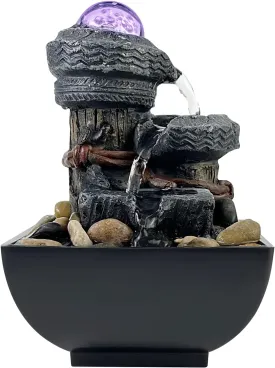 Tabletop Fountain Waterfall Fountain with LED Light, Indoor Zen Meditation Desktop Fountain Includes Natural River Rolling Bubble Balls for Home and Office Decoration