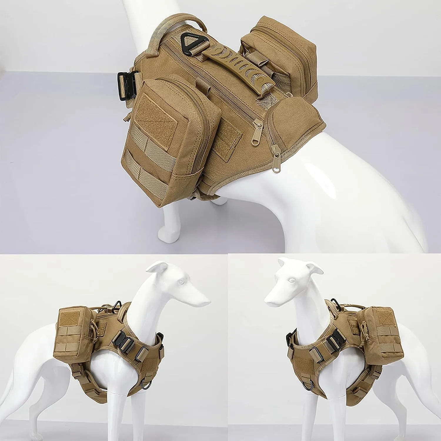 Tactical Dog Backpack Harness for Large Breed Original Design Metal Buckle Vest with Side Bags Pouches for Service Working Training (Khaki (with 2 Pouches), L)