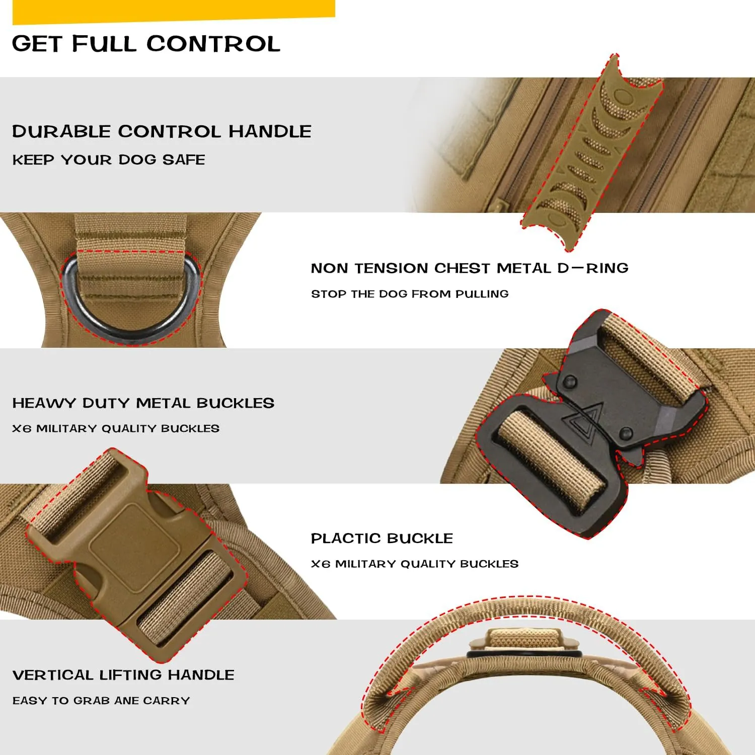 Tactical Dog Backpack Harness for Large Breed Original Design Metal Buckle Vest with Side Bags Pouches for Service Working Training (Khaki (with 2 Pouches), L)