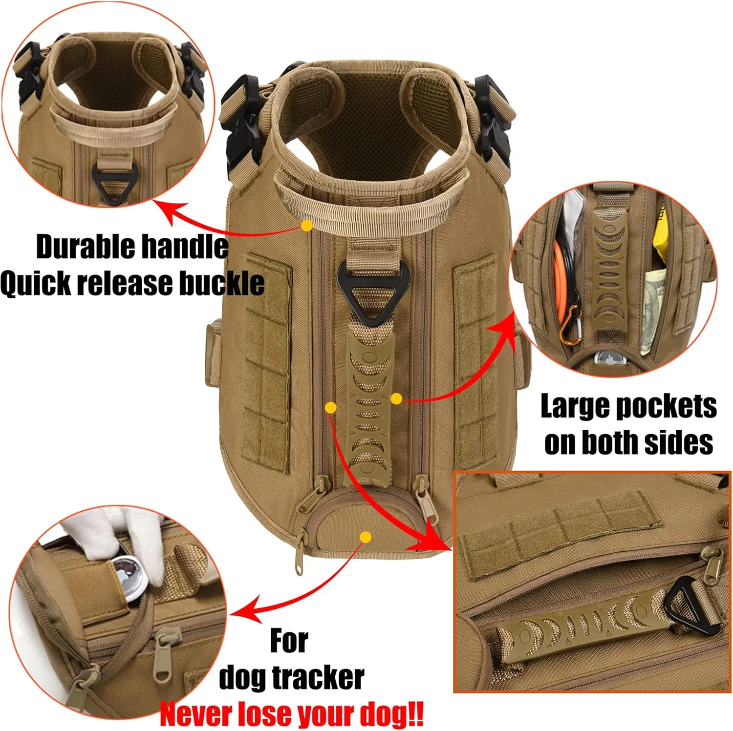 Tactical Dog Backpack Harness for Large Breed Original Design Metal Buckle Vest with Side Bags Pouches for Service Working Training (Khaki (with 2 Pouches), L)