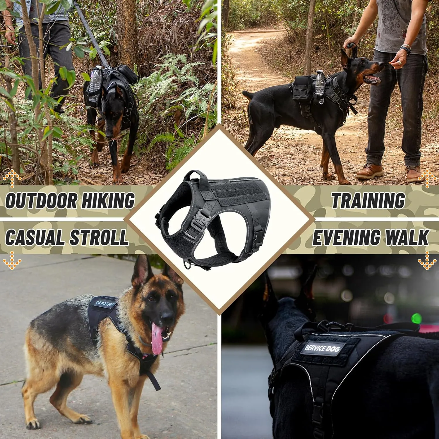 Tactical Dog Harness. No Pull Adjustable Easy to Control Pet Harness with Handle, Reflective Patch for Training, Service. Heavy Duty Military K9 Dog Vest with Hook Loop Panel, Black M