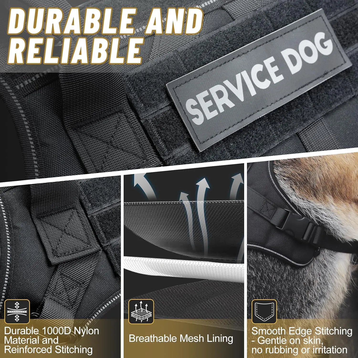 Tactical Dog Harness. No Pull Adjustable Easy to Control Pet Harness with Handle, Reflective Patch for Training, Service. Heavy Duty Military K9 Dog Vest with Hook Loop Panel, Black M