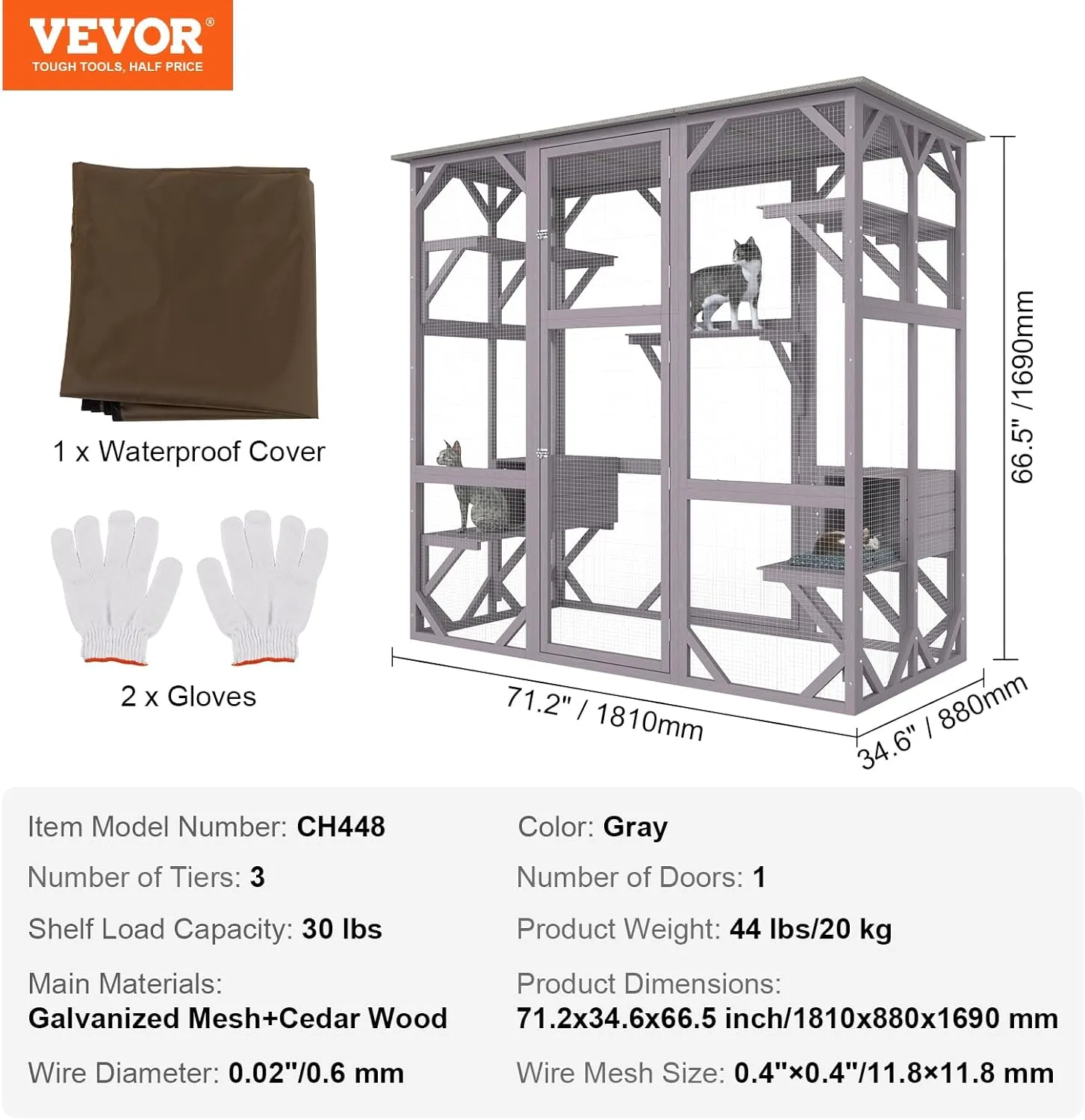 VEVOR Cat Cage Condo Catio Outdoor/Indoor Cat Enclosure, Wooden Cat House with 5 Platforms, 7-Tier Pet Playpen with 2 Resting Box, Cat Crate Cat Kennel with Waterproof Roof, 71.2"L x 34.6"W x 66.5"H