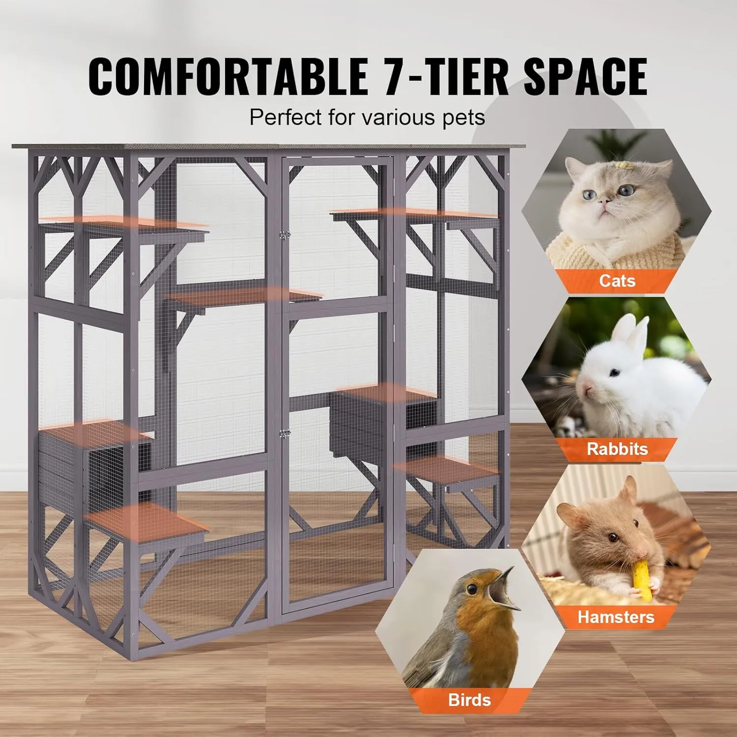 VEVOR Cat Cage Condo Catio Outdoor/Indoor Cat Enclosure, Wooden Cat House with 5 Platforms, 7-Tier Pet Playpen with 2 Resting Box, Cat Crate Cat Kennel with Waterproof Roof, 71.2"L x 34.6"W x 66.5"H