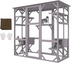 VEVOR Cat Cage Condo Catio Outdoor/Indoor Cat Enclosure, Wooden Cat House with 5 Platforms, 7-Tier Pet Playpen with 2 Resting Box, Cat Crate Cat Kennel with Waterproof Roof, 71.2"L x 34.6"W x 66.5"H