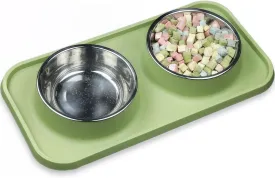 Waterproof Cat Food Bowls, Removable Stainless Steel Pet Double Bowls Set, Non-Skid and Non-Spill Raised Edge, Food and Water Feeder for Cat and Puppy(Green)