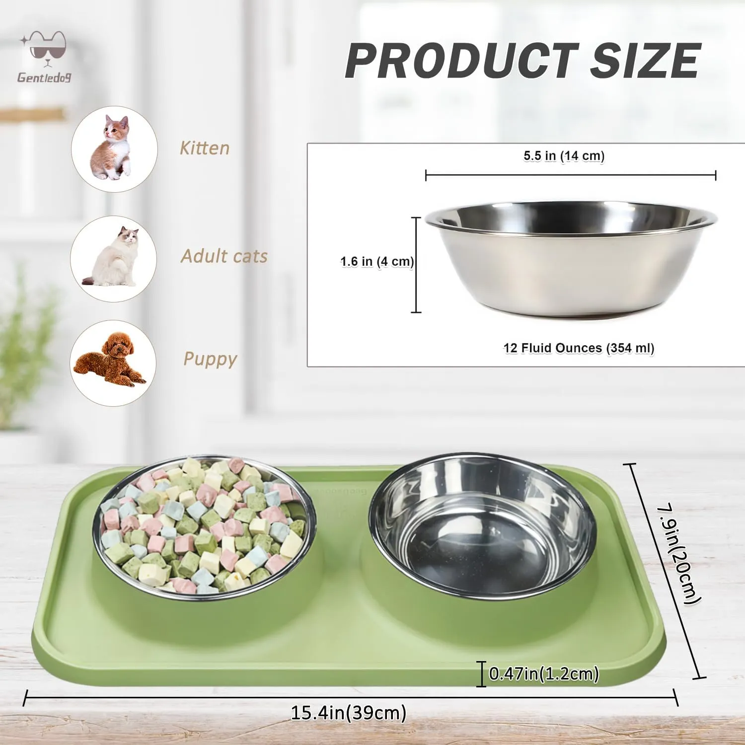 Waterproof Cat Food Bowls, Removable Stainless Steel Pet Double Bowls Set, Non-Skid and Non-Spill Raised Edge, Food and Water Feeder for Cat and Puppy(Green)