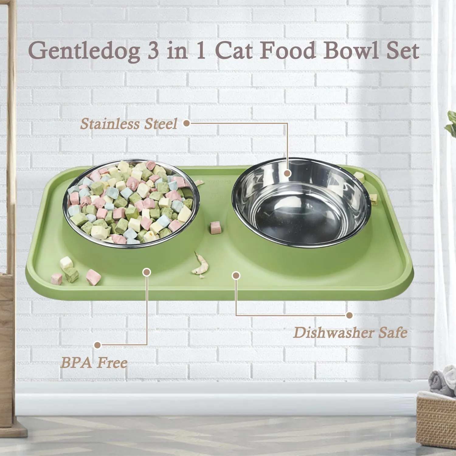 Waterproof Cat Food Bowls, Removable Stainless Steel Pet Double Bowls Set, Non-Skid and Non-Spill Raised Edge, Food and Water Feeder for Cat and Puppy(Green)