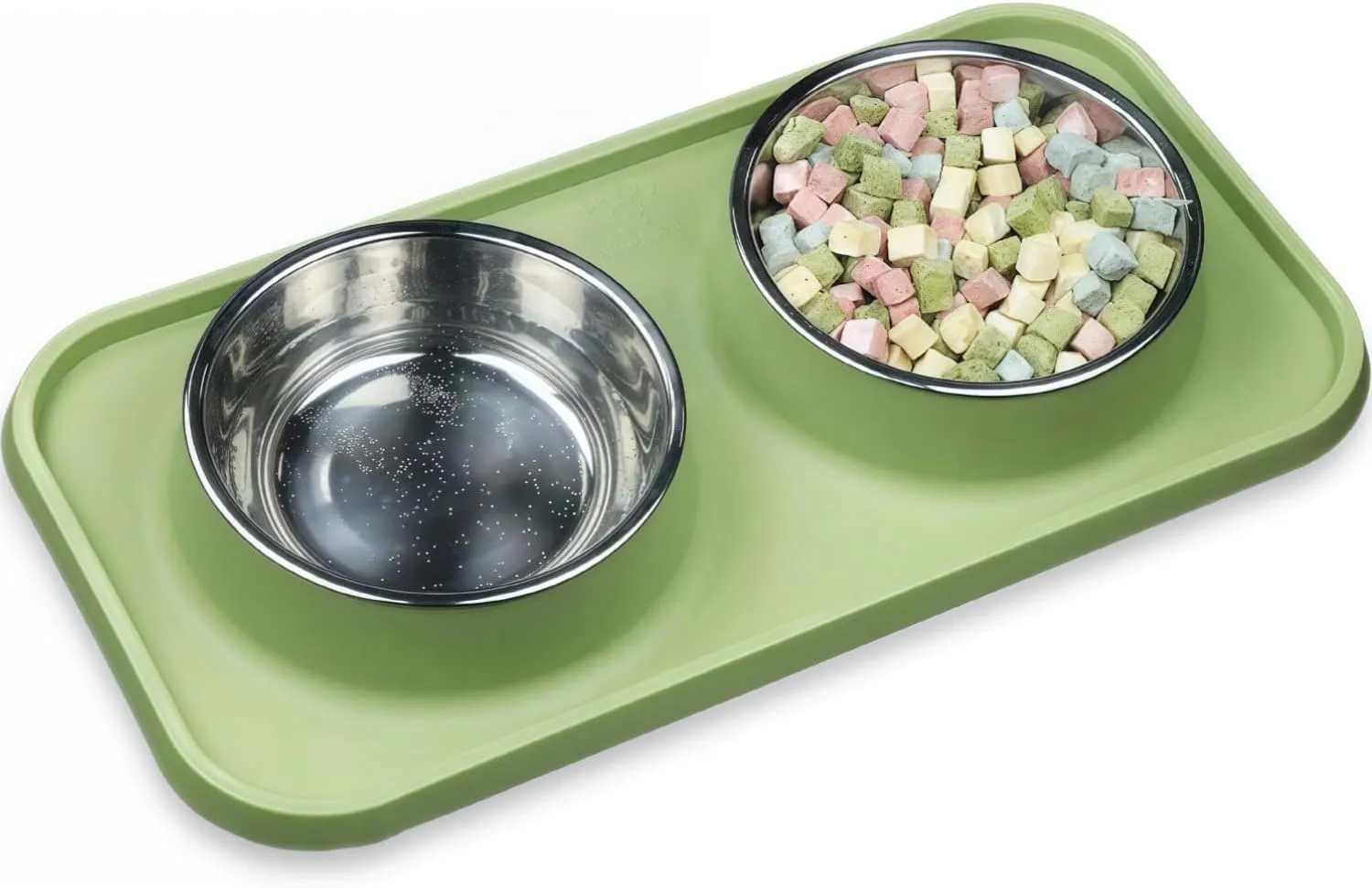 Waterproof Cat Food Bowls, Removable Stainless Steel Pet Double Bowls Set, Non-Skid and Non-Spill Raised Edge, Food and Water Feeder for Cat and Puppy(Green)